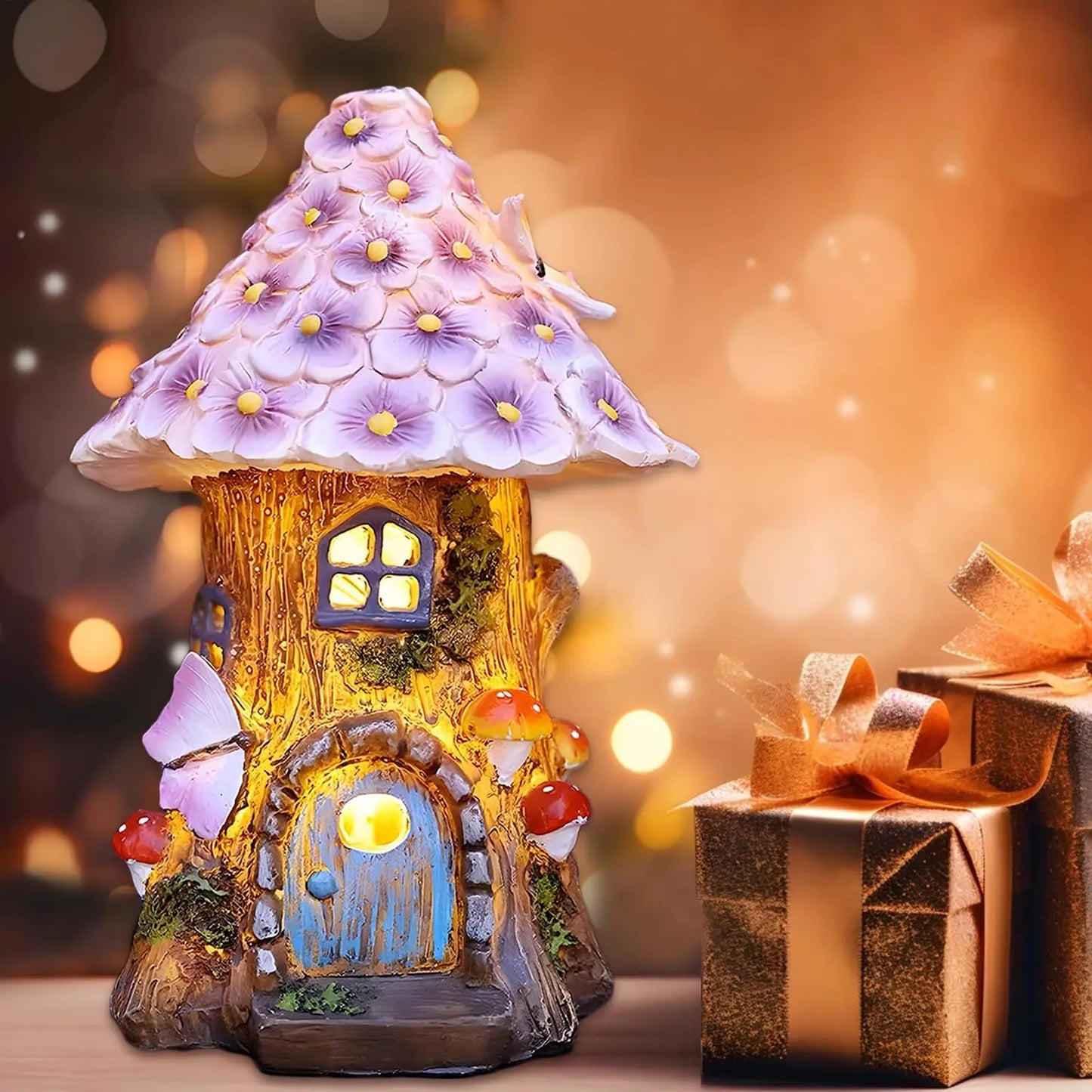 Fairy Garden House Solar Outdoor Statue, Light Up Mushroom Figurines