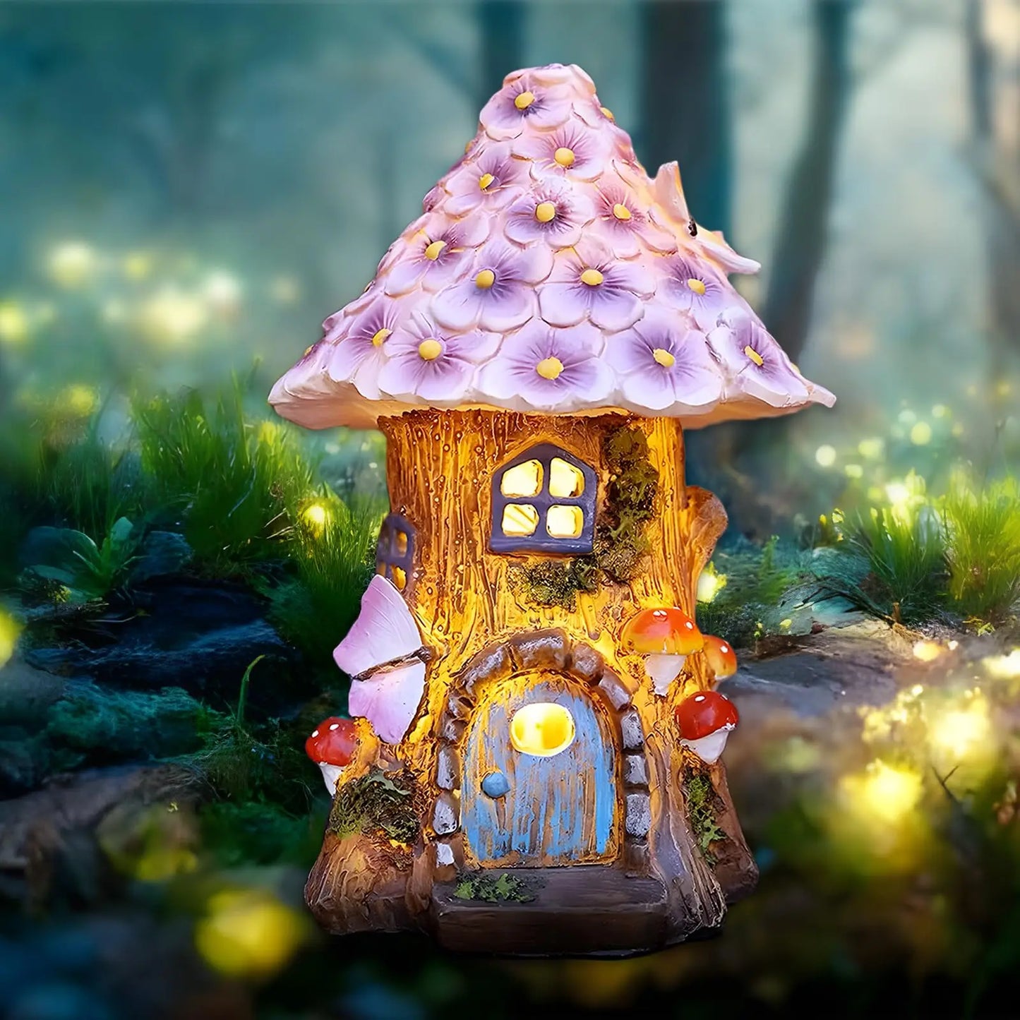 Fairy Garden House Solar Outdoor Statue, Light Up Mushroom Figurines