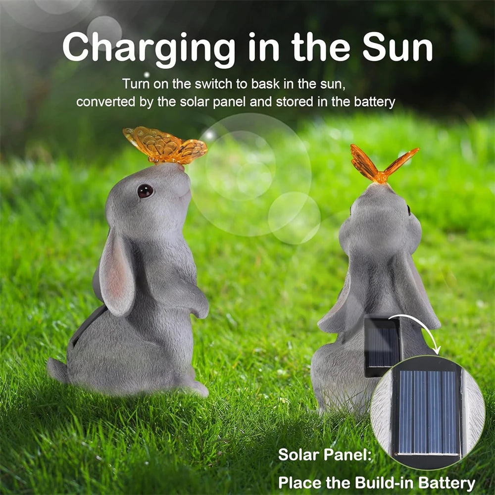 Solar Bunny Statue Garden Decor with Butterfly LED Light Resin Animal