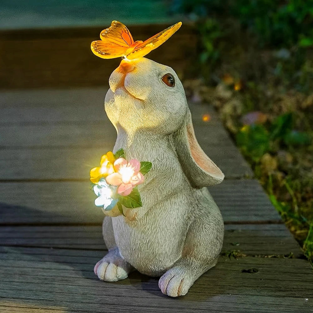 Solar Bunny Statue Garden Decor with Butterfly LED Light Resin Animal