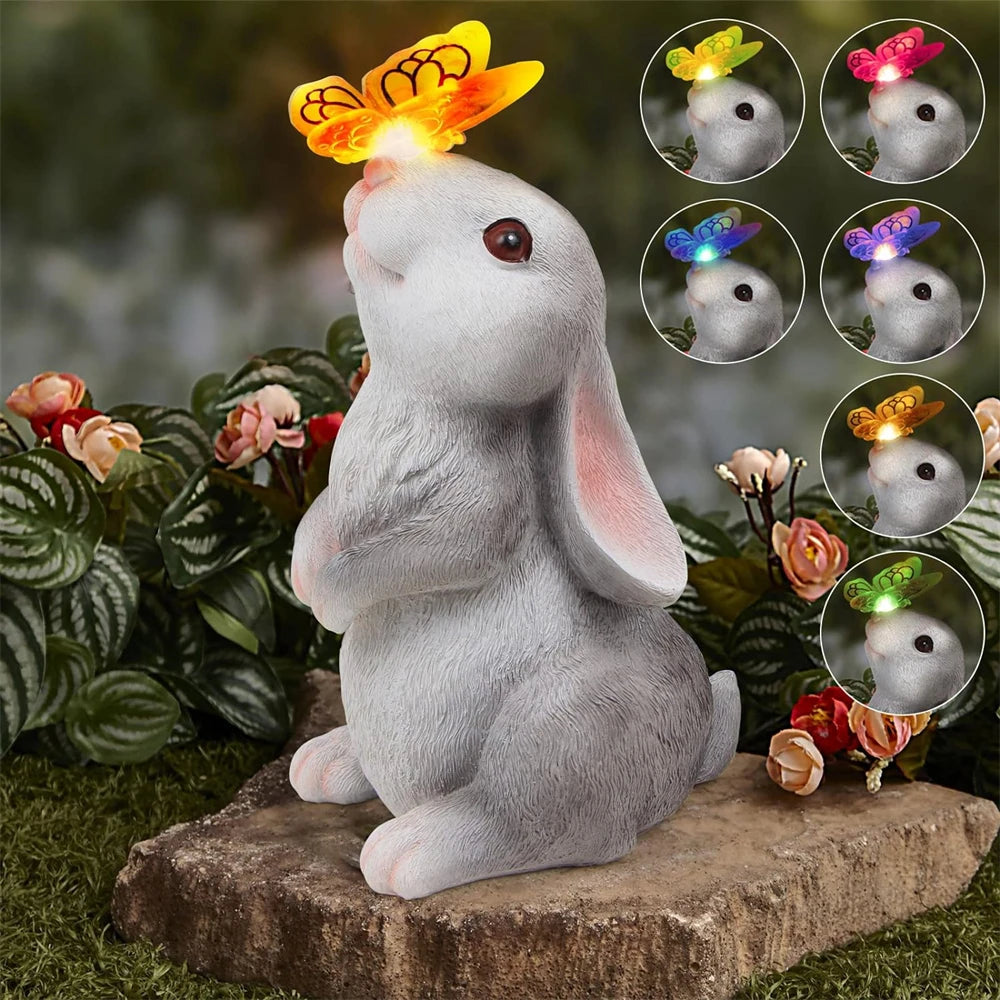 Solar Bunny Statue Garden Decor with Butterfly LED Light Resin Animal