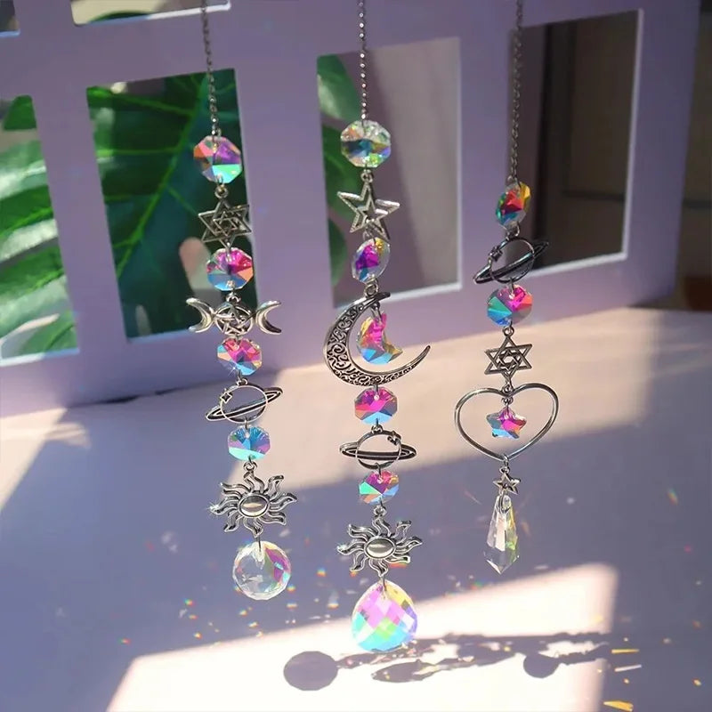 1Pc Crystal Wind Chimes Stars Moon Catcher Sun Diamond Prism Pendant