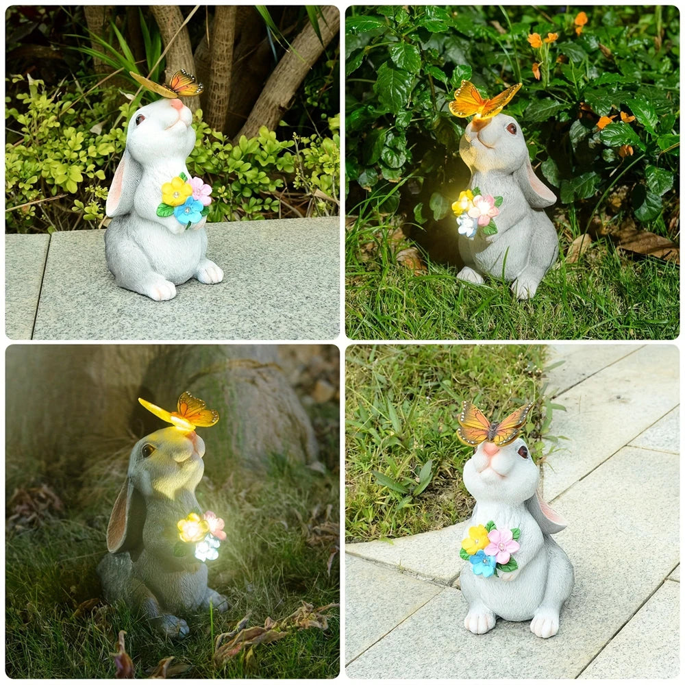 Solar Bunny Statue Garden Decor with Butterfly LED Light Resin Animal