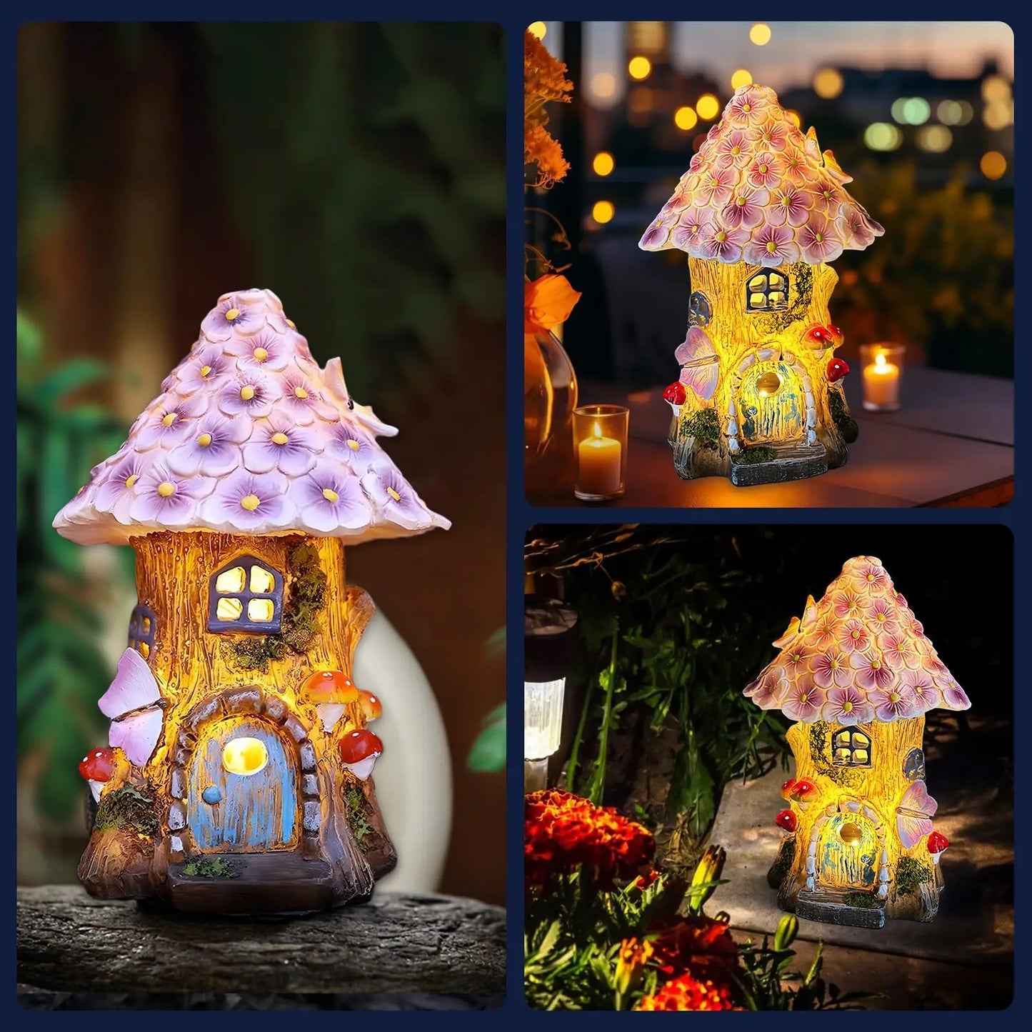 Fairy Garden House Solar Outdoor Statue, Light Up Mushroom Figurines