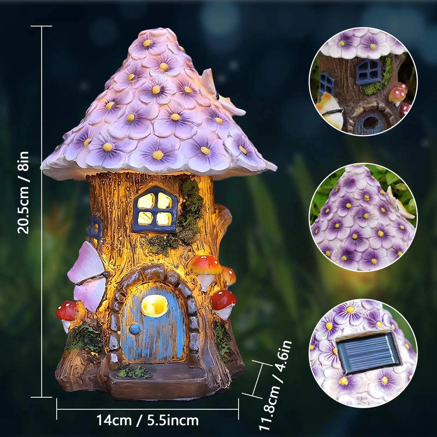 Fairy Garden House Solar Outdoor Statue, Light Up Mushroom Figurines