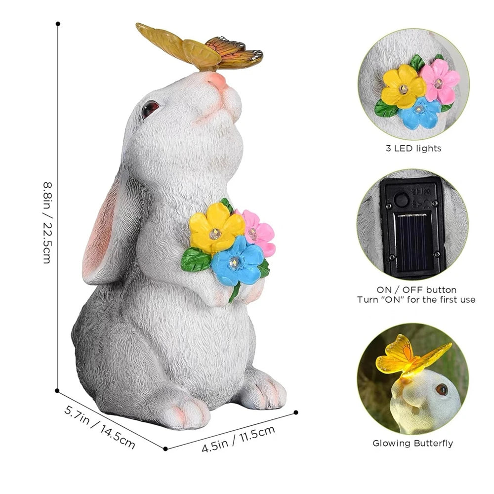 Solar Bunny Statue Garden Decor with Butterfly LED Light Resin Animal