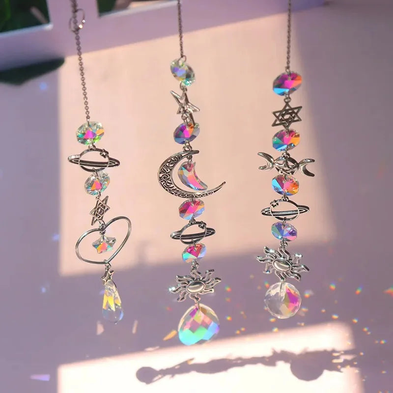 1Pc Crystal Wind Chimes Stars Moon Catcher Sun Diamond Prism Pendant