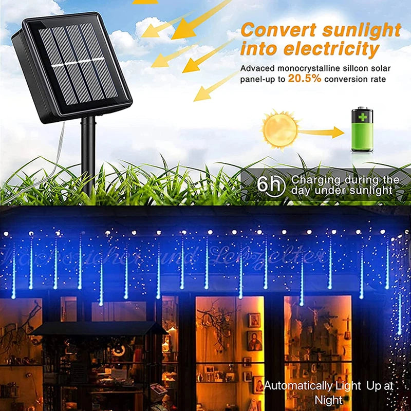 Solar Meteor Shower Rain String Lights Waterproof Garden Light 8 Tubes